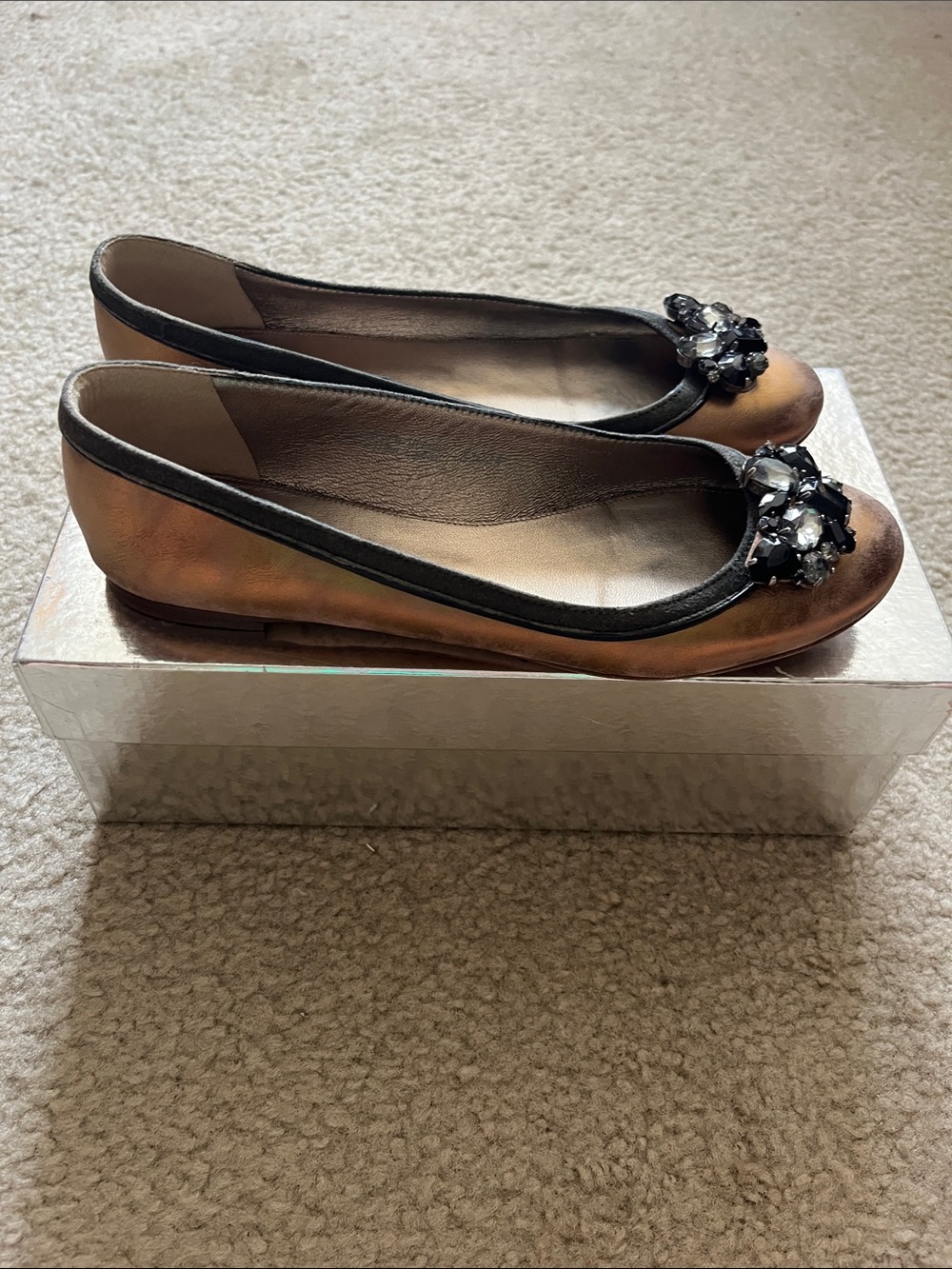Jcrew Collection Regina Metallic Leather Ballet Flats with Crystal Embellishment